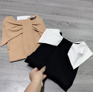 [Ảnh thật] Váy nơ cổ dáng suông (đen, be)