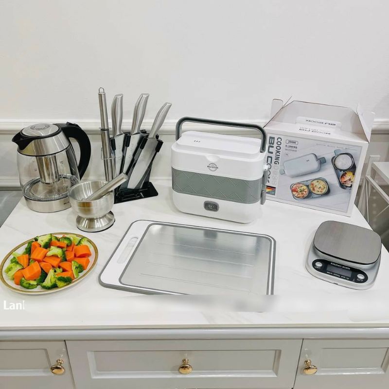 Hộp cơm cắm điện cao cấp hâm nóng nấu chín thức ăn 2 tầng kèm bát inox không gỉ