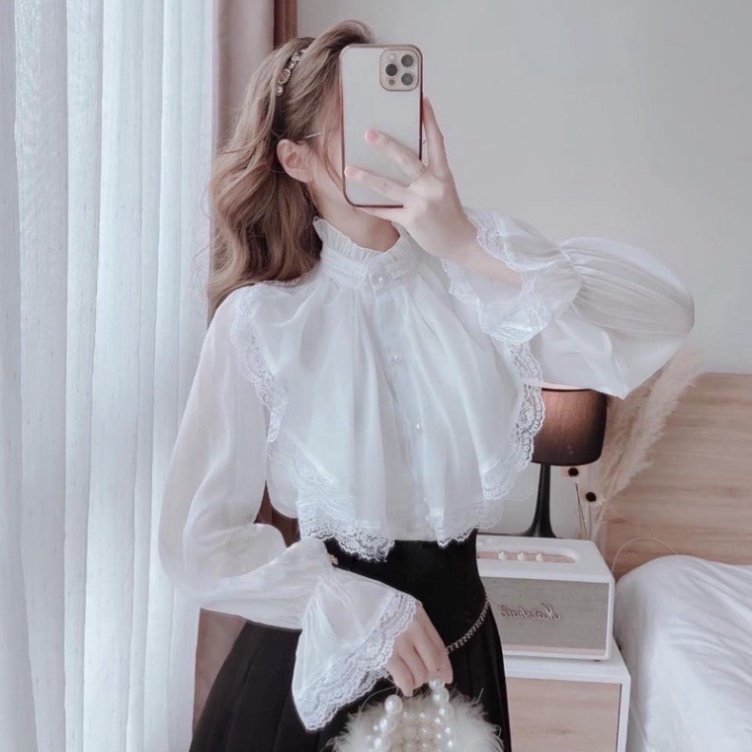 Áo sơ mi kiểu màu trắng nữ cổ bèo phối ren jelly.clothing 2 lớp bánh bèo sang chảnh | BigBuy360 - bigbuy360.vn