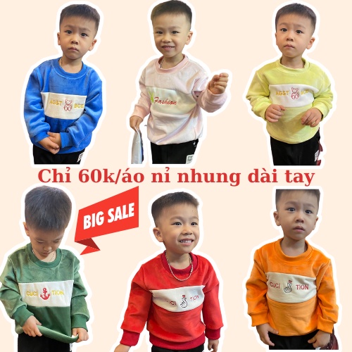 Áo thun dài tay cho bé trai, bé gái chất nỉ nhung mềm mại cho bé mặc đi học đi chơi size từ 13 đến 28kg