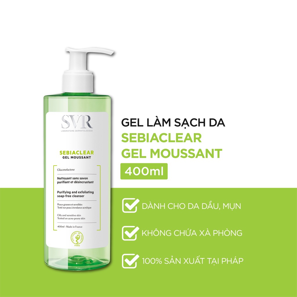 SVR SEBIACLEAR Gel Moussant - Sữa rửa mặt không xà phòng làm sạch, loại bỏ tế bào da chết, ngăn mụn, kiềm dầu, giảm nhờn