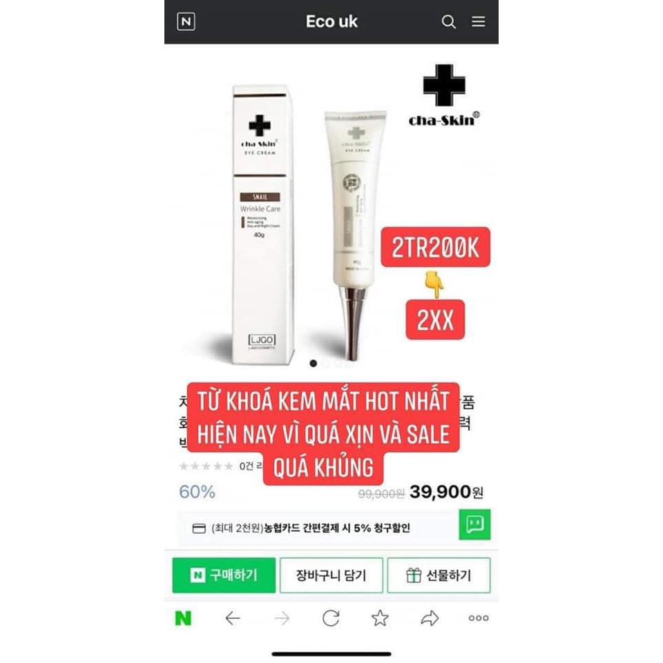 Kem mắt LJGO Snail Wrinkle Care Cha Skin Eye Cream - Chiết Xuất Ốc Sên Giảm Thâm Nhăn Vùng Mắt Hiệu Quả