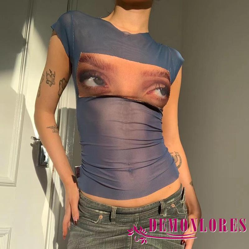 Áo Thun Crop Top Phối Lưới In Hình Đôi Mắt Quỷ Phong Cách Harajuku Vintage Thời Trang 2000s y2k