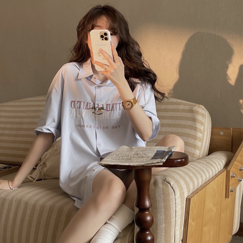 【ZHELIHANGFEI】Áo Sơ Mi Cotton Nguyên Chất Dáng Rộng Cổ POLO Họa Tiết Thêu Kiểu Retro Dễ Phối Đồ