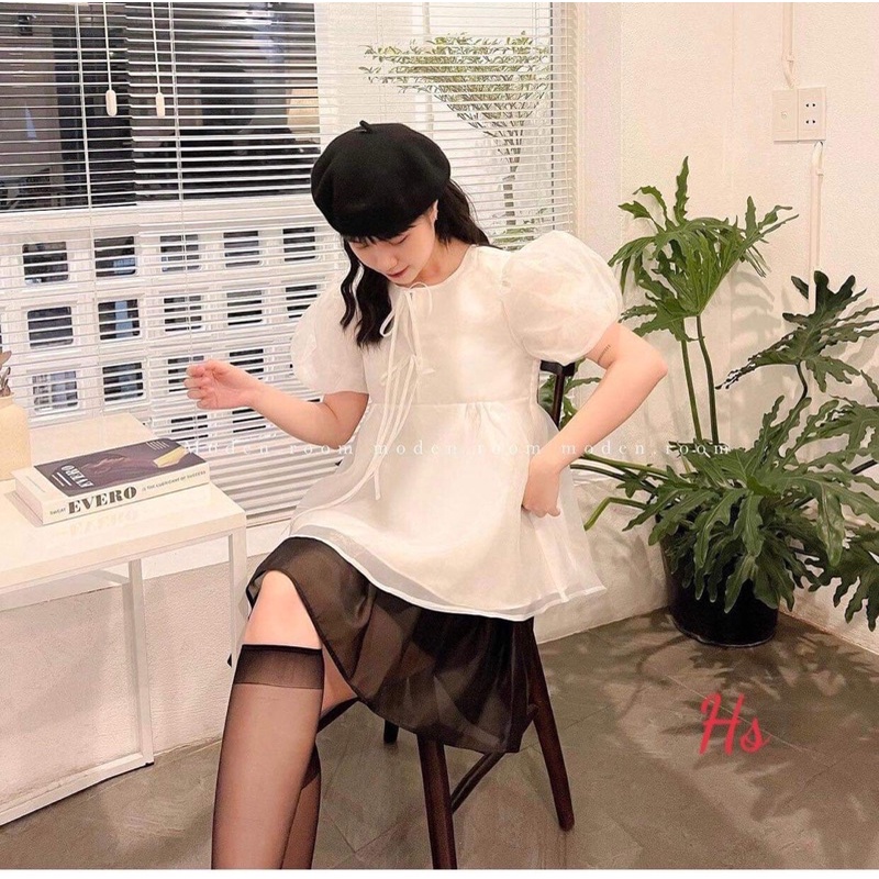 Sét áo baby doll buộc nơ + chân váy HS6