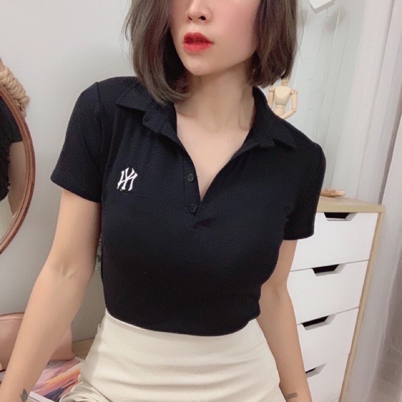 Áo thun body cổ bẻ thêu chữ NY