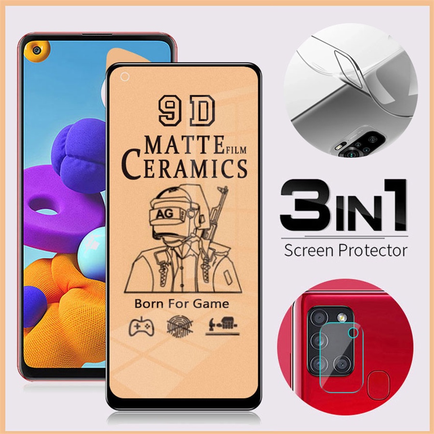 3-in-1 AG Kính Cường Lực Gốm Dẻo Siêu Dẻo Mặt trước và mặt sau và bảo vệ màn hình ống kính máy ảnh cho Samsung Galaxy Note 10 Lite S20 FE A72 A52 A32 A02s A42 A22 PPF sau