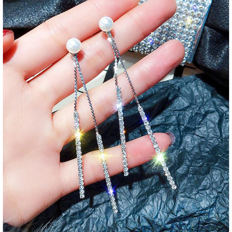 Bông Tai Mạ Bạc 925 Dáng Dài Đính Ngọc Trai Đơn Giản Phong Cách Hàn Quốc