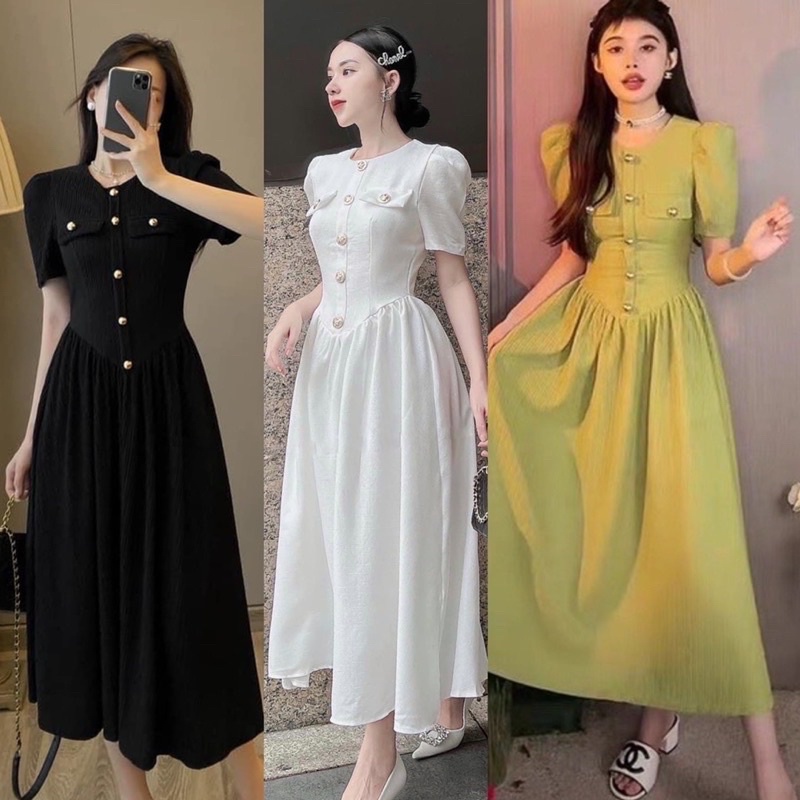 Đầm xoè❤️Đầm xoè cổ tròn túi đắp kèm nút