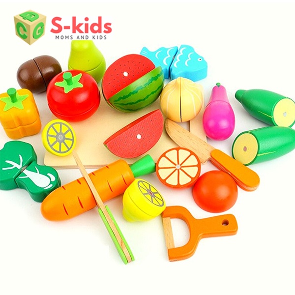 Đồ chơi nhà bếp S-Kids, Bộ nấu ăn cắt trái cây rau củ bằng gỗ cho bé gái