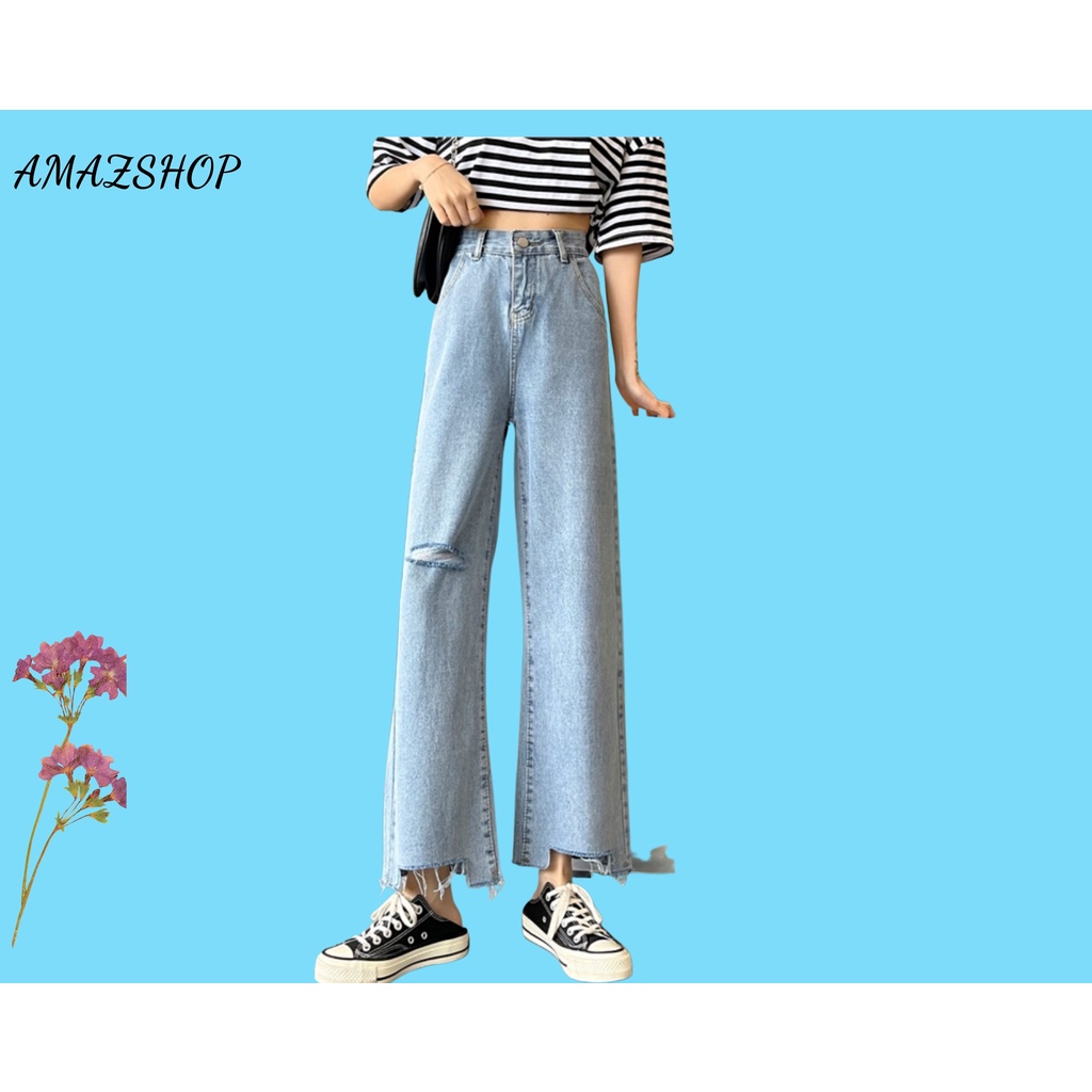 Quần baggy ống suông nữ , quần jean rách gối gấu phong cách AN10