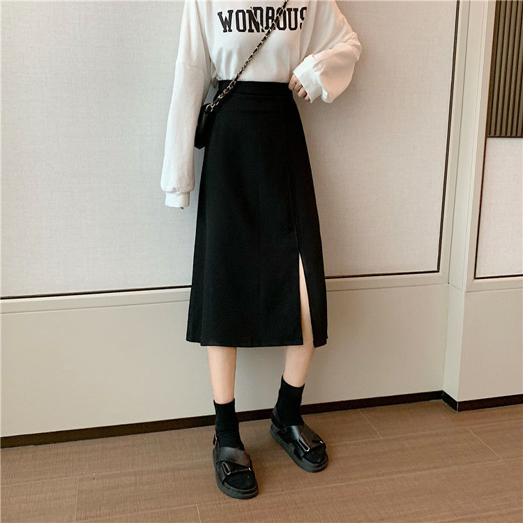 Chân Váy Dạ New Straight Skirts Long Plain Black High Waist Skirts