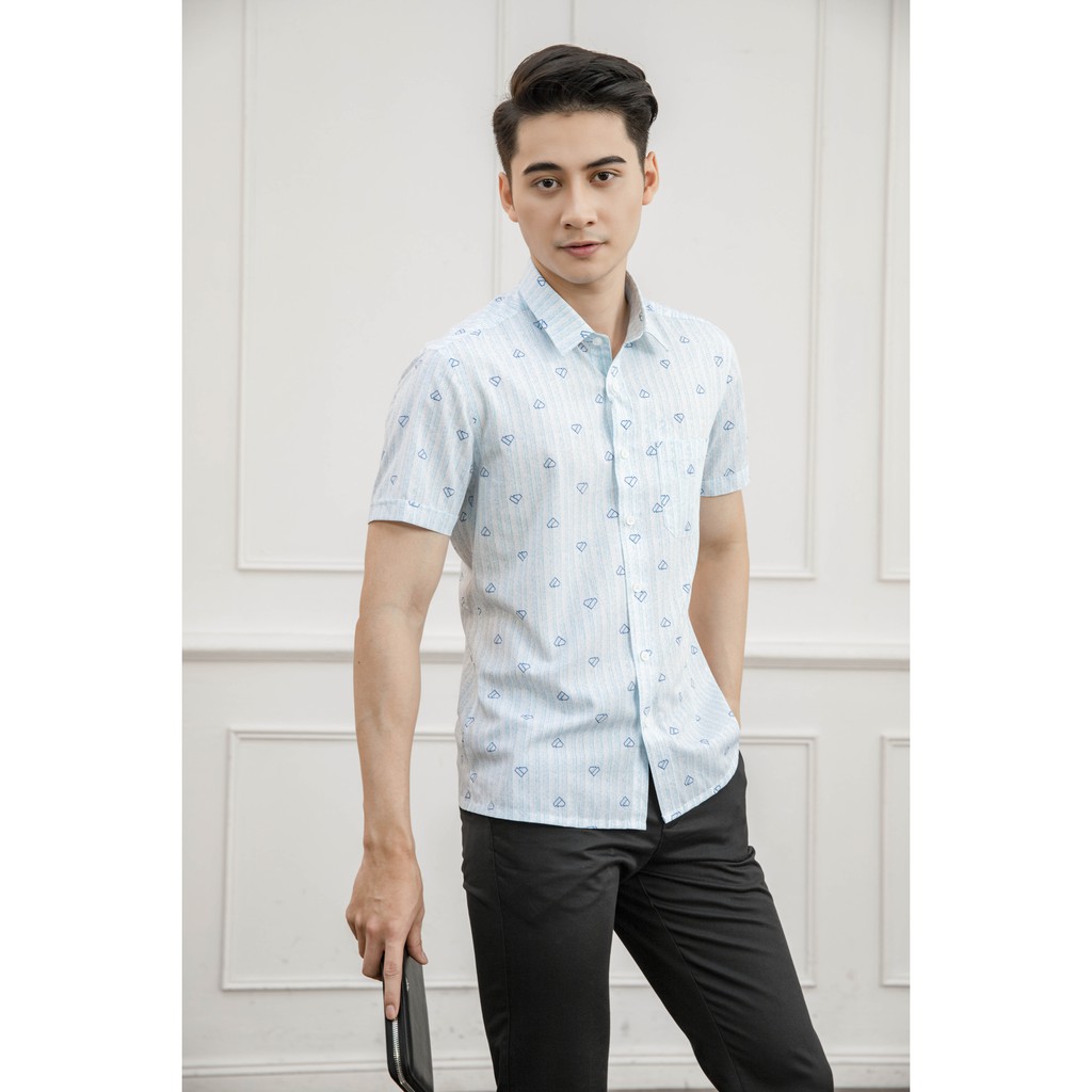 Áo sơ mi ngắn tay Aristino dáng suông, họa tiết xanh trẻ trung, lịch sự - ASS006S1