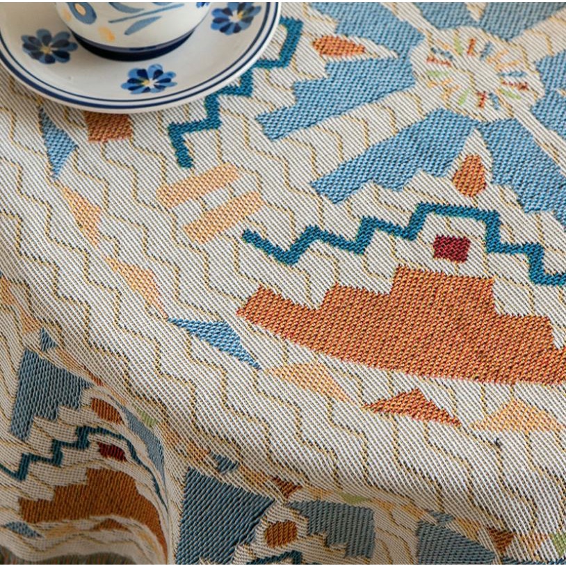 (1)TH Khăn trải bàn hình chữ nhật/bàn tròn cotton và lanh Morandi phong cách Bắc Âu