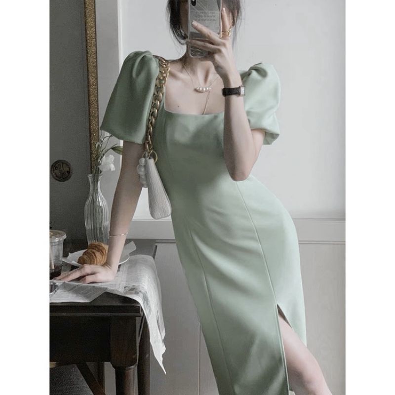 Váy dự tiệc cổ vuông tay bồng xẻ tà