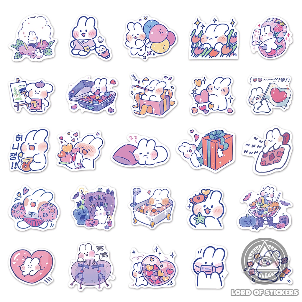 Set 50 Nhãn Dán Sticker Mini Hoạt Hình Thỏ Trắng Đáng Yêu Cute Chống Thấm Nước Trang Trí Bình Nước, Điện Thoại, Máy Tính