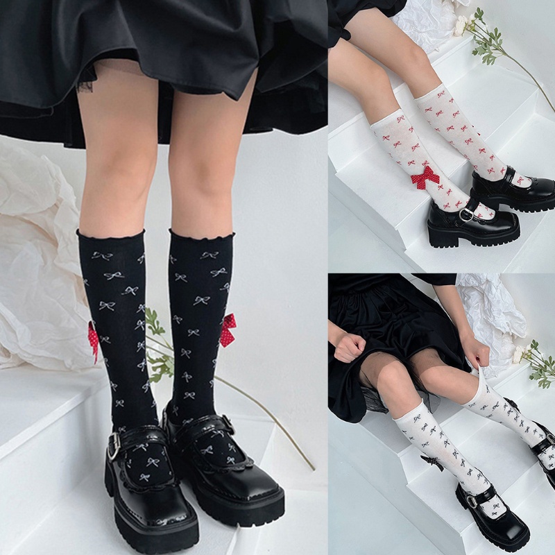 Vớ Cotton Co Giãn Phối Bèo Đính Nơ Họa Tiết Chấm Bi Phong Cách Lolita Dễ Thương Cho Nữ