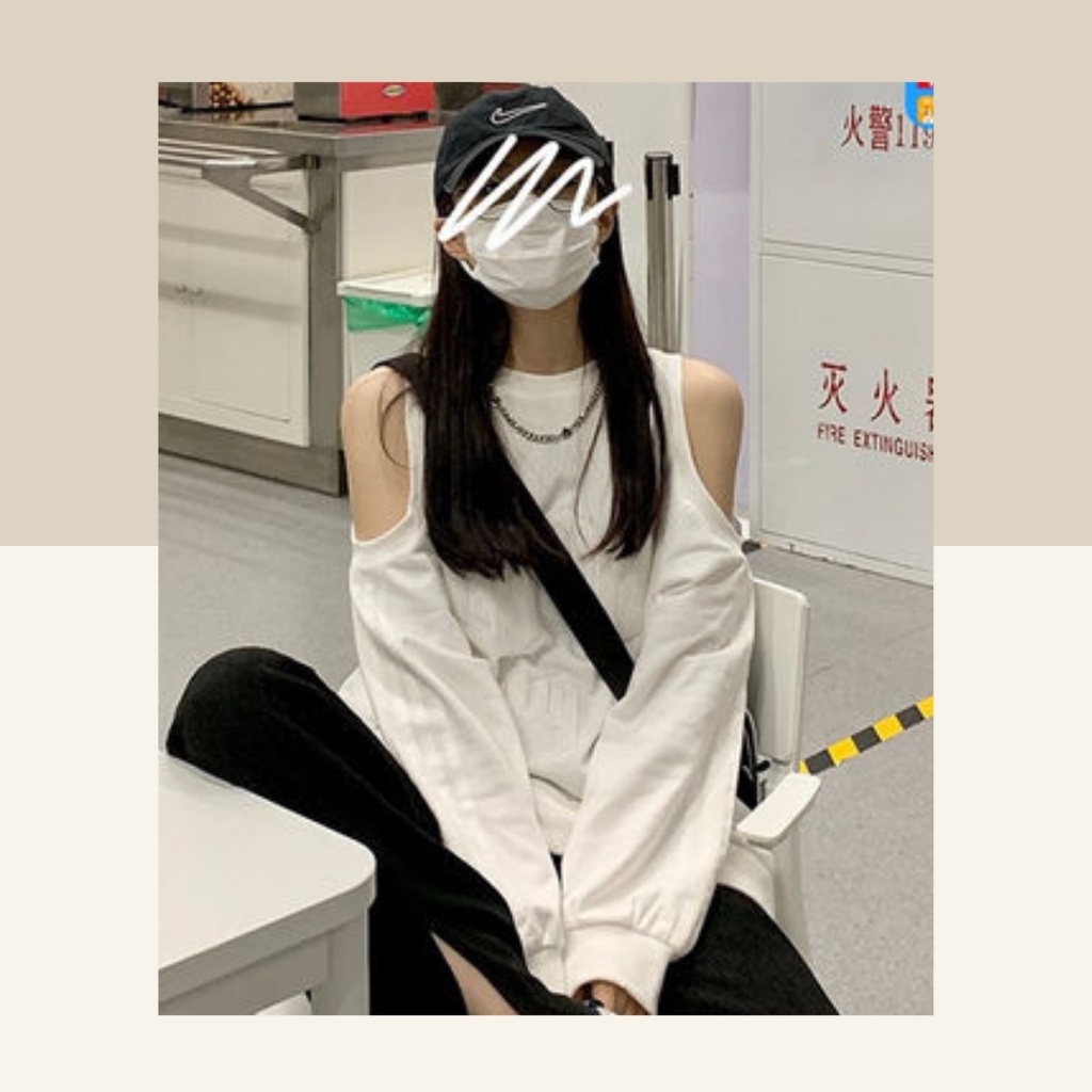 Áo nỉ sweater nữ khoét vai tay dài phong cách Hàn Quốc