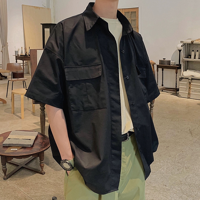 Áo sơ mi tay ngắn dáng rộng thiết kế nhiều túi phong cách thời trang dành cho nam