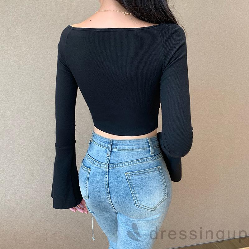 Áo Croptop Tay Loe Cổ Chữ V Màu Trơn Thanh Lịch