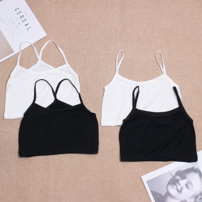 Áo 2 Dây Crop Đa Năng Cotton Sợi Bún Đen, Trắng Siêu Mát - Tất Siêu Rẻ