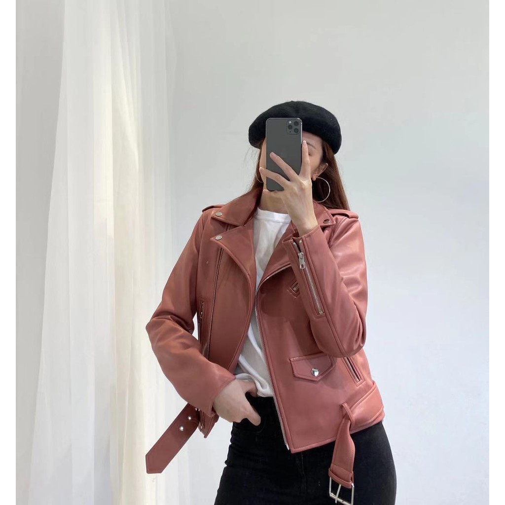 ÁO KHOÁC DA BIKER JACKET ZARA NỮ XUẤT TUỒN MÀU HỒNG ĐEN