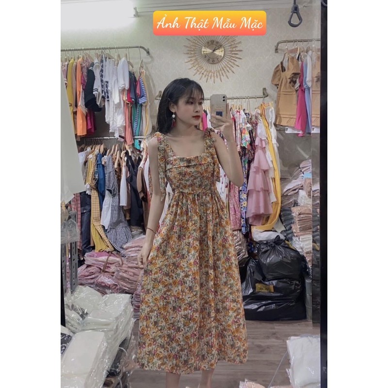 [Siêu Hot] Váy Maxi Hoa Vàng 2 Dây Buộc Nơ, Đầm Nữ Dáng Xoè Siêu Xinh Có Ảnh Thật Kèm Video | BigBuy360 - bigbuy360.vn