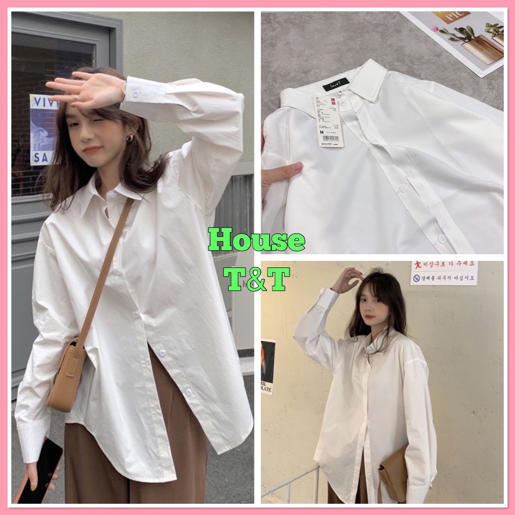 Áo Sơ mi trắng học sinh, công sở  HOUSE T&amp;T Unisex Basix  chất thô lụa mềm, mát, dầy, mịn hàng đẹp, mặc đi học ,đi chơi