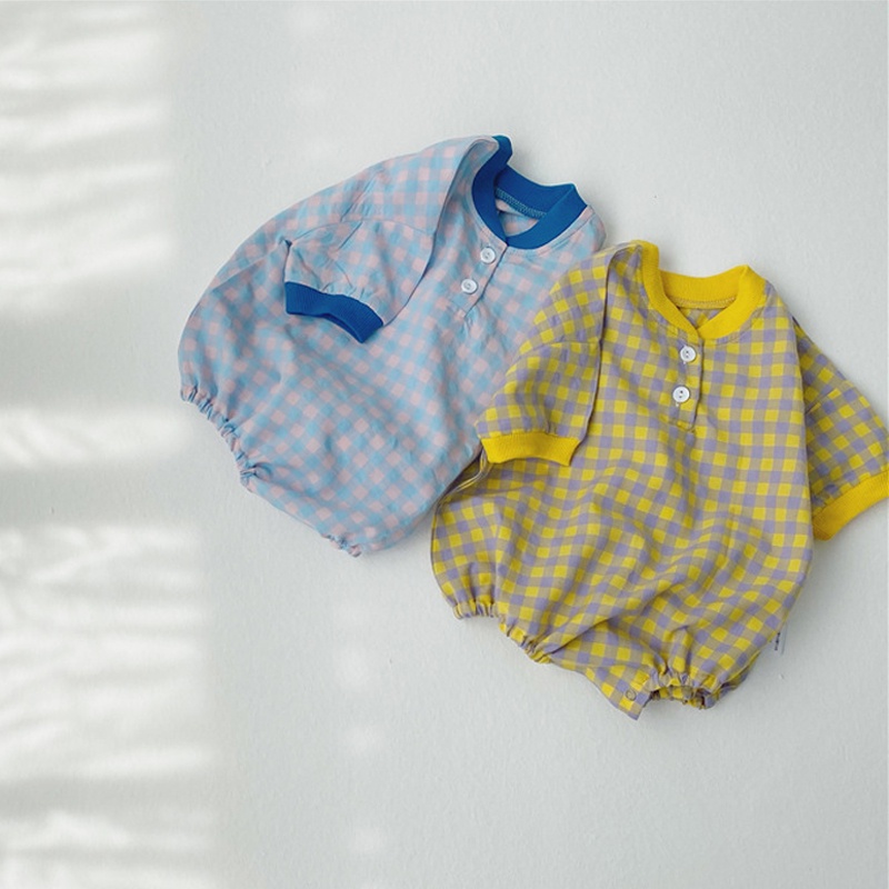 Áo Liền Quần Tay Ngắn Chất Liệu Cotton Họa Tiết Sọc Caro Cho Bé Trai 0-18 Tháng Tuổi