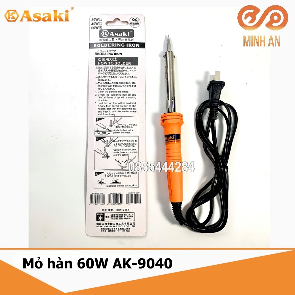 Mỏ hàn thiếc 60W [HÀNG CHÍNH HÃNG] ASAKI AK-9040 TẶNG 1 cuộn thiếc và 1 hộp nhựa thông - Mối hàn đẹp, nhiệt lên nhanh