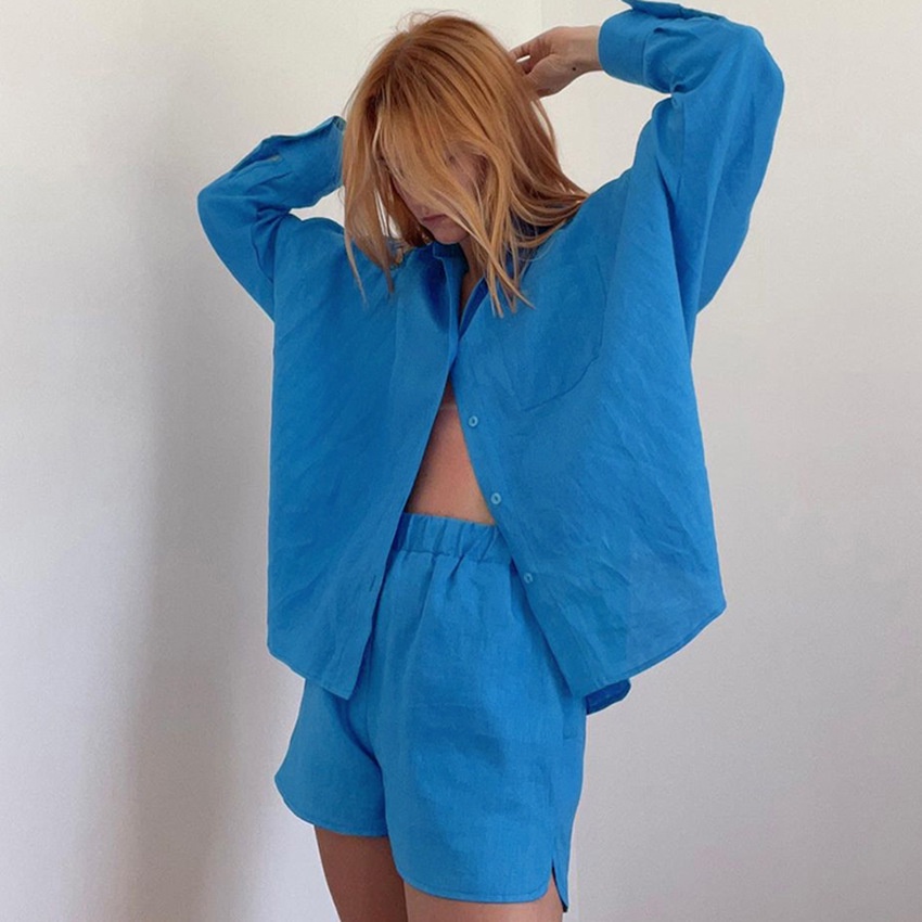 Bộ Trang Phục Xuân Hè 2022 Gồm Áo Sơ Mi Cotton Lanh Tay Dài Cánh Dơi Cổ Bẻ Phối Quần Short Gấp Gọn Cho Nữ
