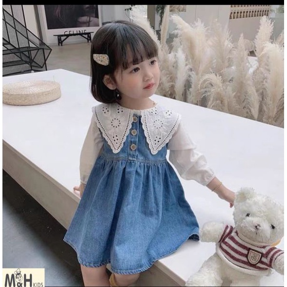 Set yếm bò áo sơ mi thu đông dài tay cho bé gái từ 15-26kg