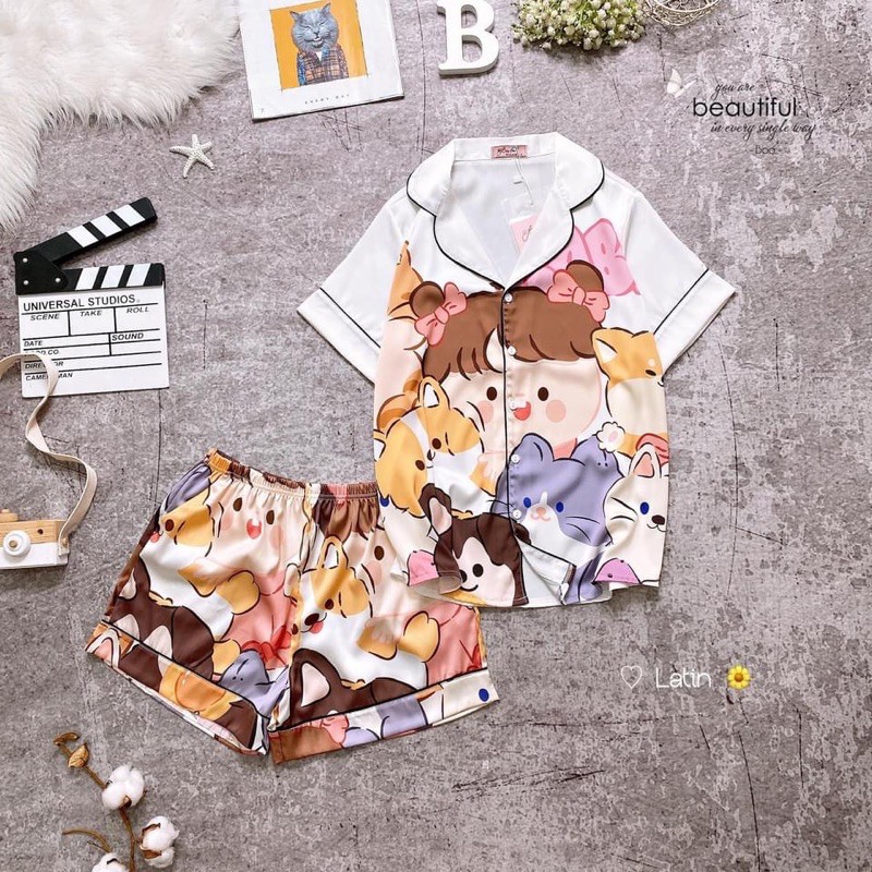 Bộ satin bèo đùi tem gấu boo boo (40-57kg)