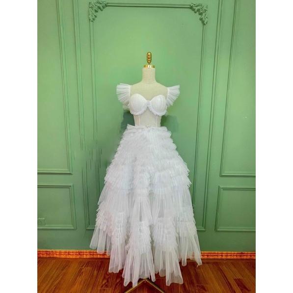 Đầm xoè dáng midi TRIPBLE T DRESS 2 dây nhún phồng xếp tầng - Size M/L - MS172V