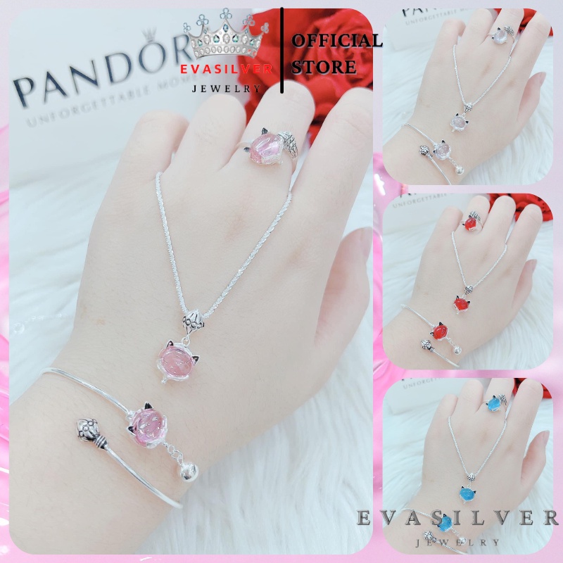 Bộ trang sức bạc hồ ly gắn đá phong thủy gồm 3 món, Dây chuyền, Lắc tay, Nhẫn - Trang sức bạc Evasilver