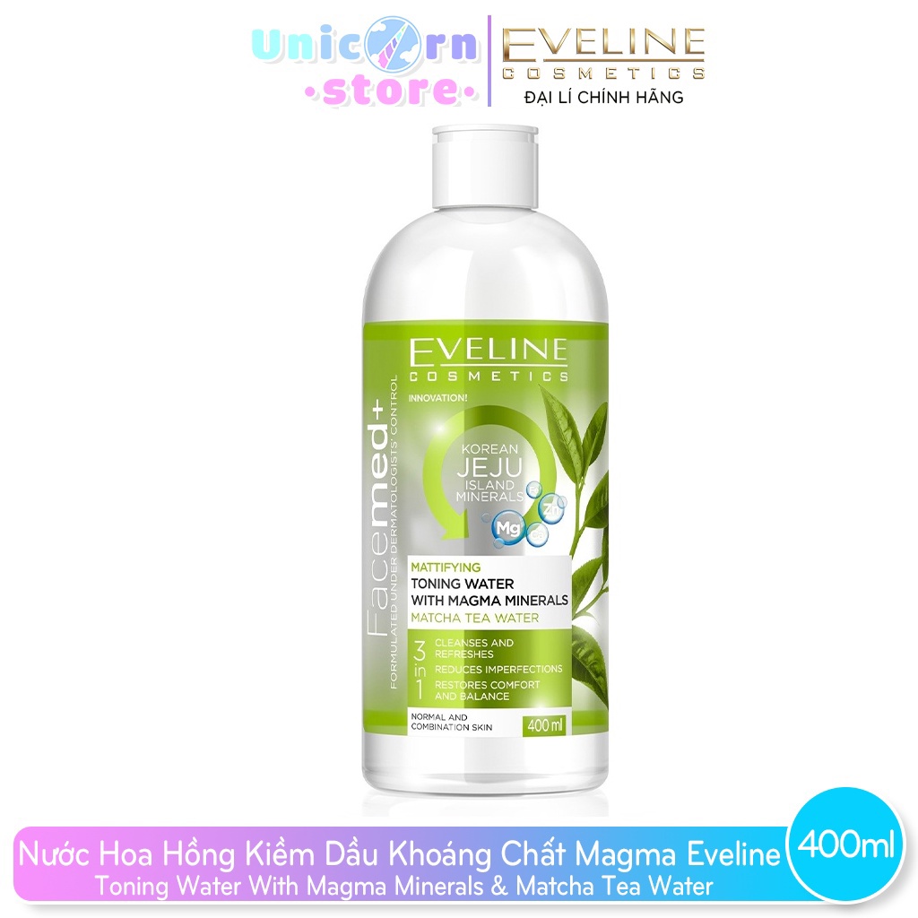 Nước Hoa Hồng Kiềm Dầu Với Khoáng Chất Eveline Toning Toner With Magma Matcha Tea Water 400ml