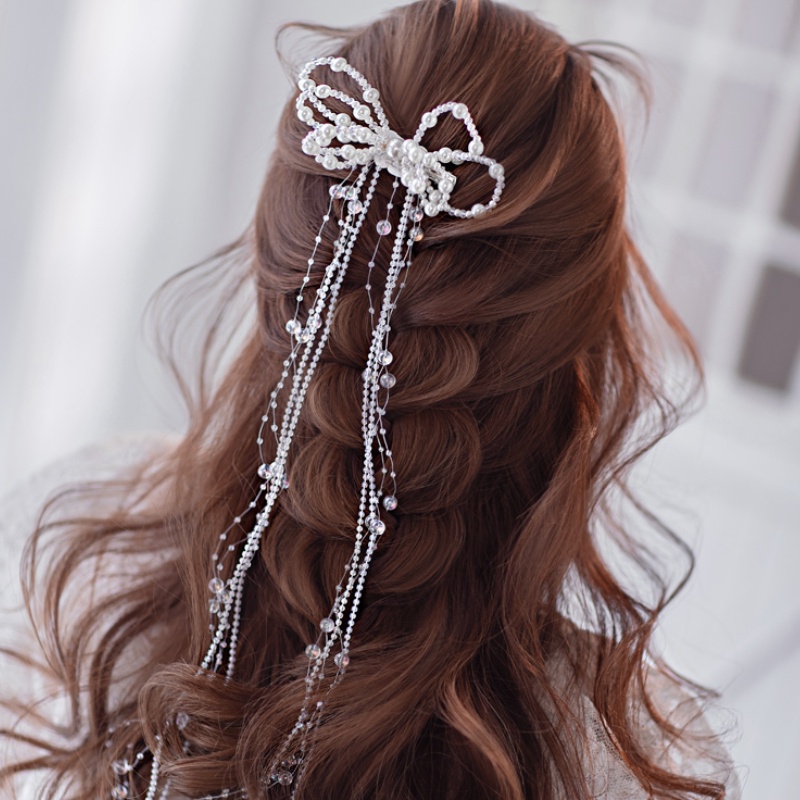 Kẹp Tóc Đính Hạt Ngọc Trai Tua Rua Phong Cách Hàn Quốc Đơn Giản Dành Cho Cô Dâu