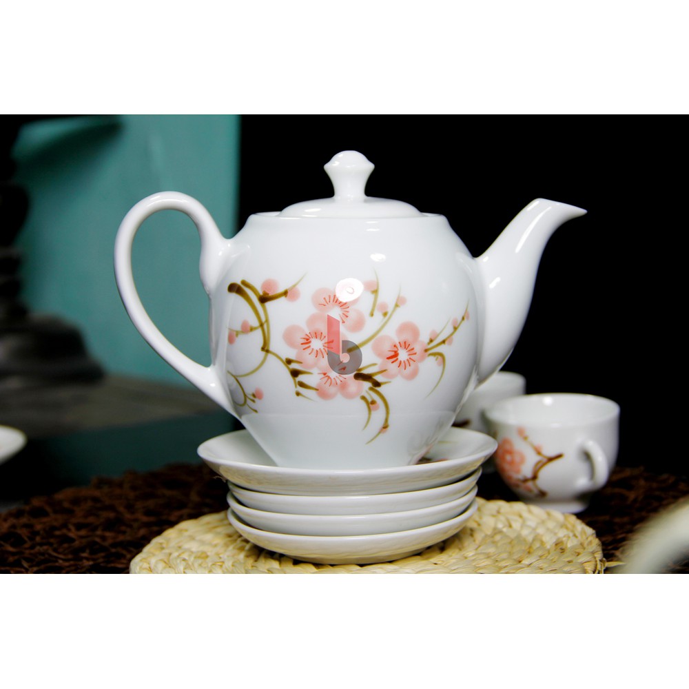 KHAI XUÂN ĐẦU ĂN ắp chọn tác trà hoa nhài vẽ đào, bộ tách trà, bộ tách trà gốm sứ, bộ ấm pha trà, bộ ấm pha trà đẹp