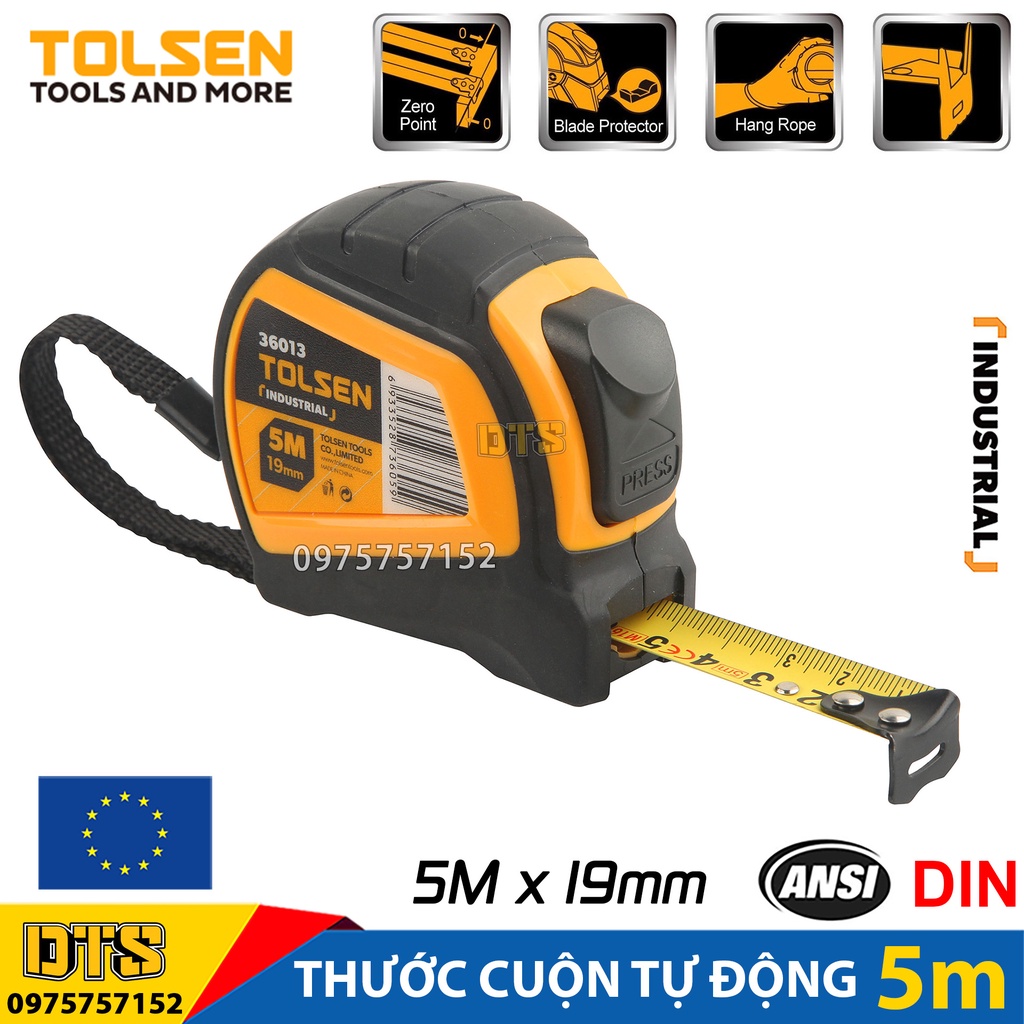 Thước cuộn tự động 5m TOLSEN, thước kéo thép nền vàng công nghiệp vỏ nhựa ABS chống va đập phủ TPR - Tiêu chuẩn châu Âu