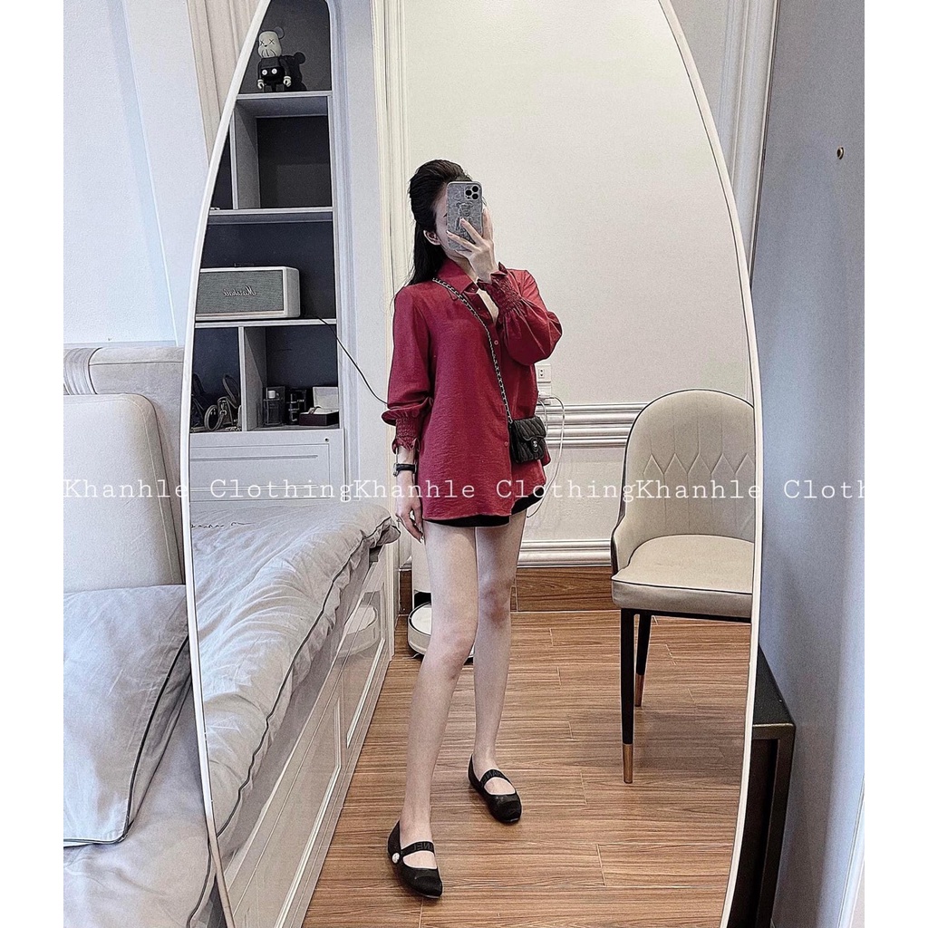 Áo sơ mi sước lụa đỏ chun tay thời trang nữ xuân hè