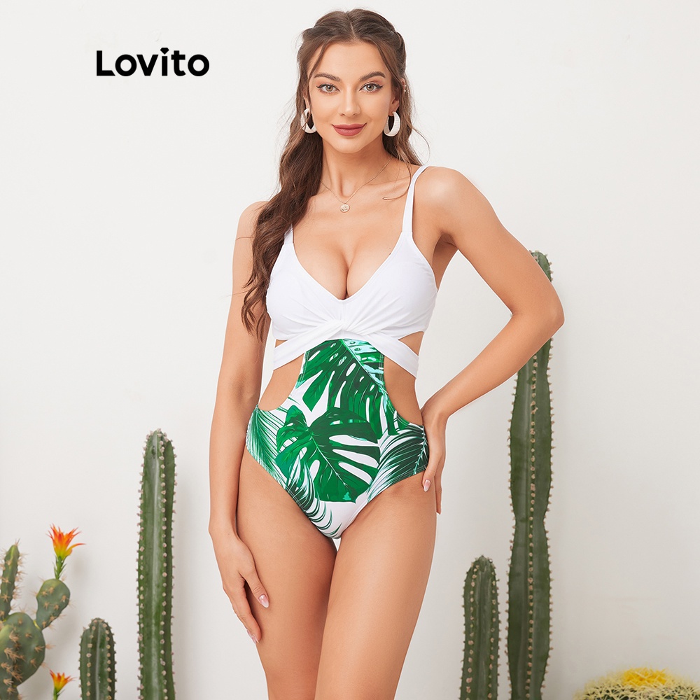 Bộ đồ Lovito bơi một mảnh phối dây đan chéo in họa tiết phong cách Boho L11039