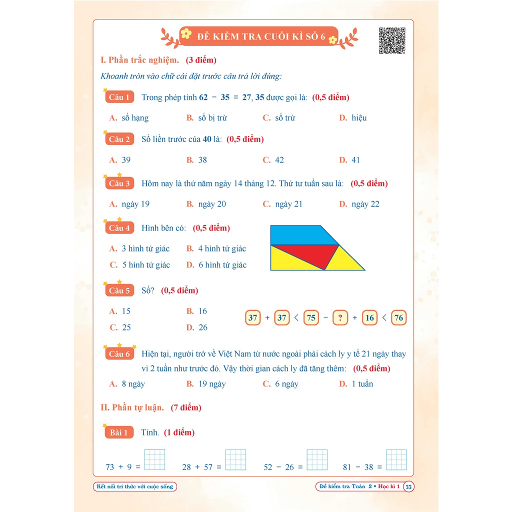 Sách Đề kiểm tra toán lớp 2 học kì 1 QBOOKS   Hải Anh Books