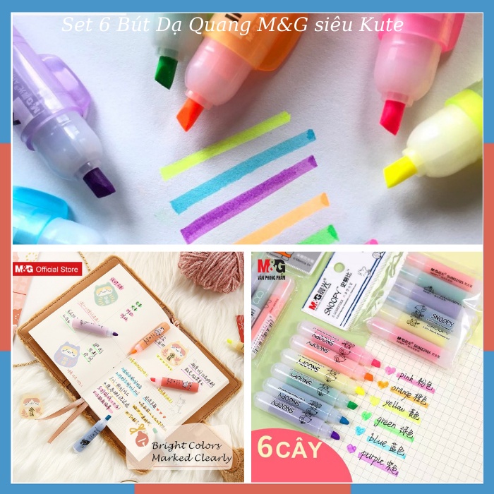 Bộ 6 bút Highlight MG dạ quang nhớ dòng màu pastel họa tiết thỏ, chó Snoopy, mèo, gấu panda hỏa tiễn siêu cute