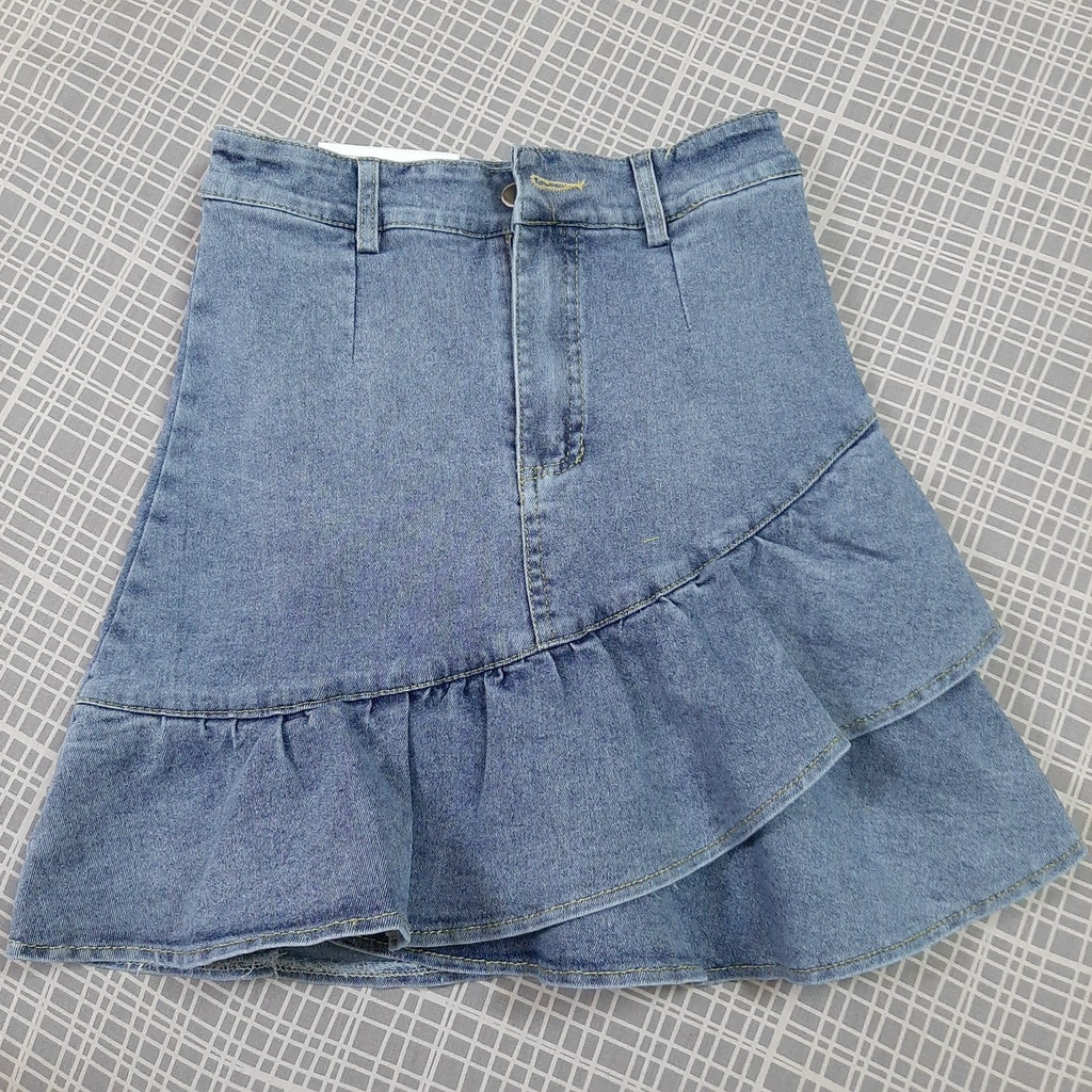 Chân váy bò jeans denim lưng cao phối đuôi cá bèo nhún phong cách cá tính