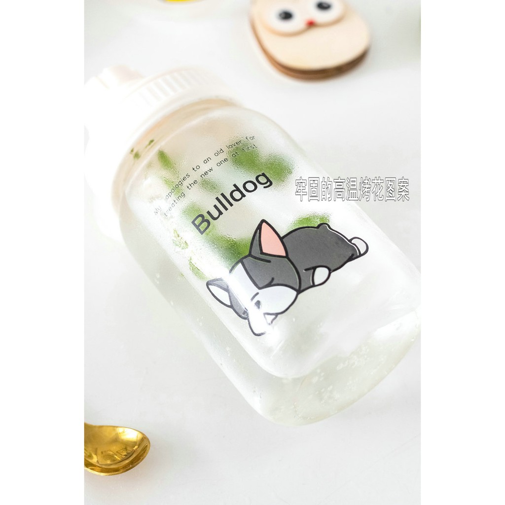 Bình thủy tinh in hình các chú chó cute HOT HIT có ống hút tiện dụng 450ml