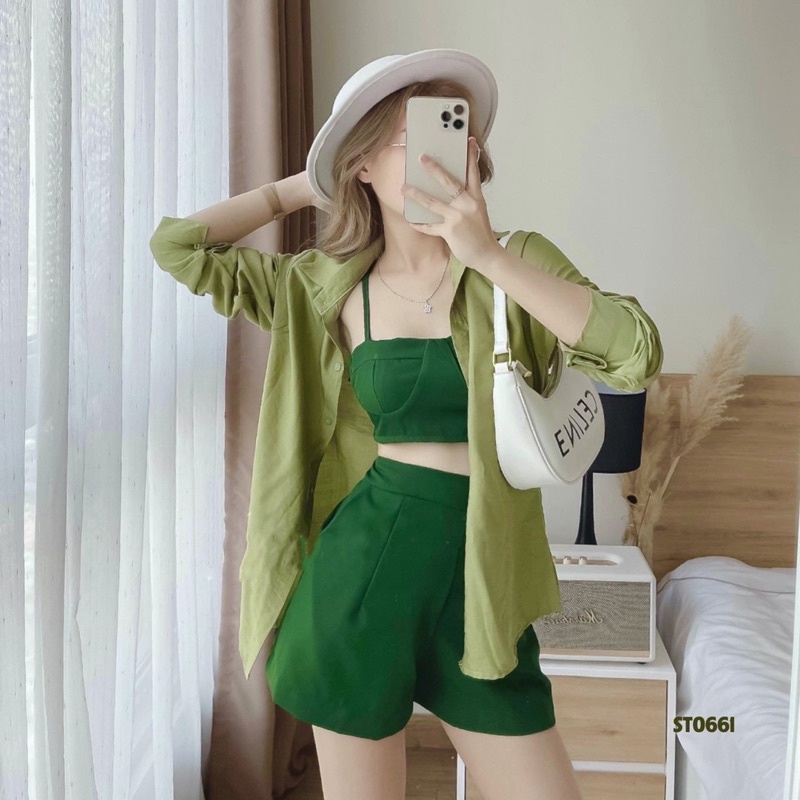 Set 3 món áo 2 dây quần đùi mix áo sơ mi đũi nhăn QC cao cấp bán shop fom dưới 57kg