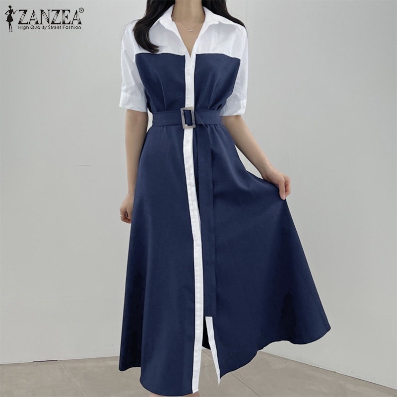 Đầm dài ZANZEA tay ngắn màu sắc tương phản phong cách Hàn Quốc thời trang cho nữ