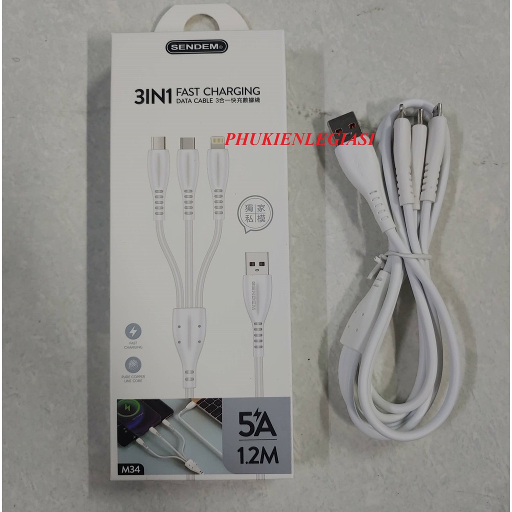 Cáp sạc 3 đầu Sendem M34 dòng 5A dài 1m2