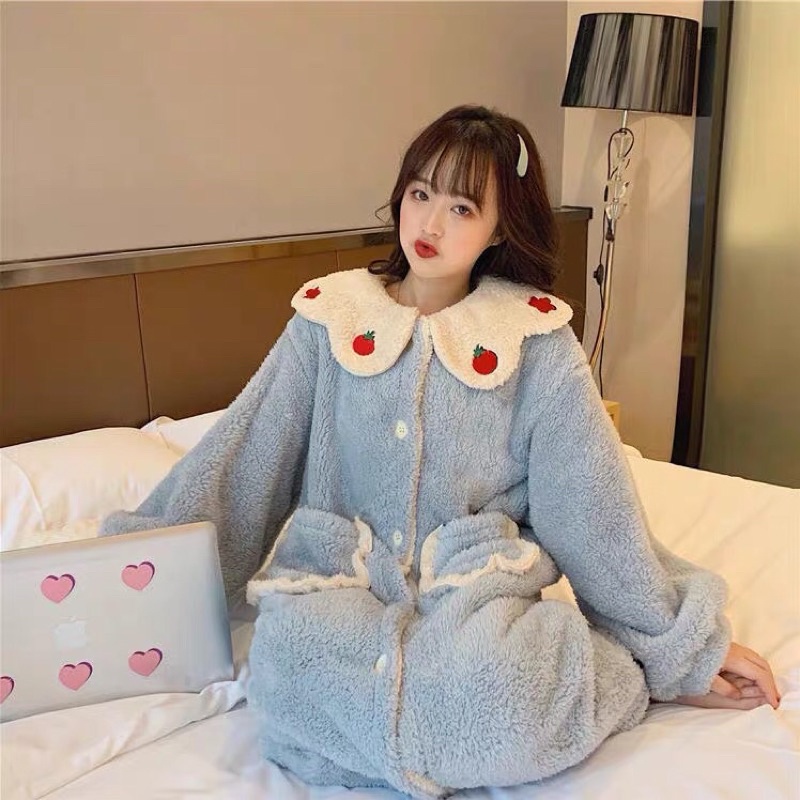 Váy ngủ mùa đông dài gần bằng mắt cá chân cực ấm và cute nha