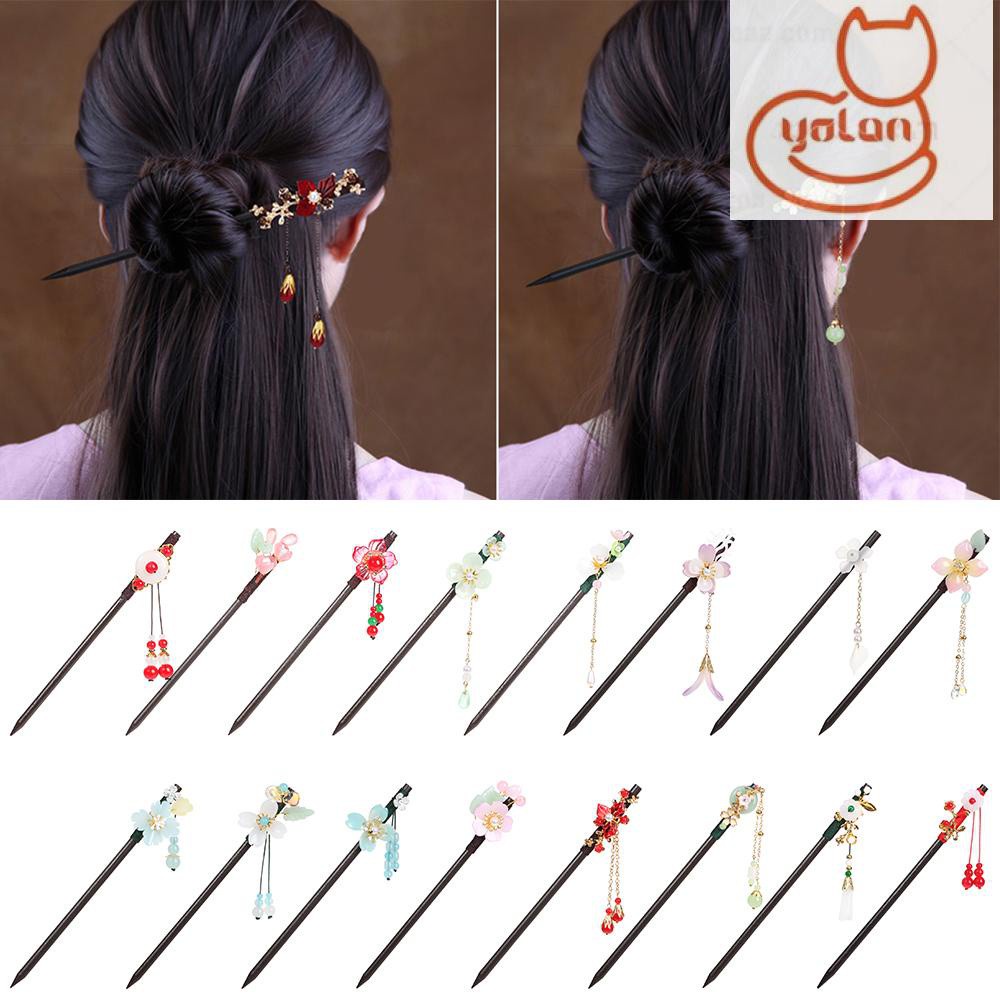 Trâm cài tóc chất liệu gỗ mun gắn tua rua phong cách cổ điển làm bằng thủ công cho nữ